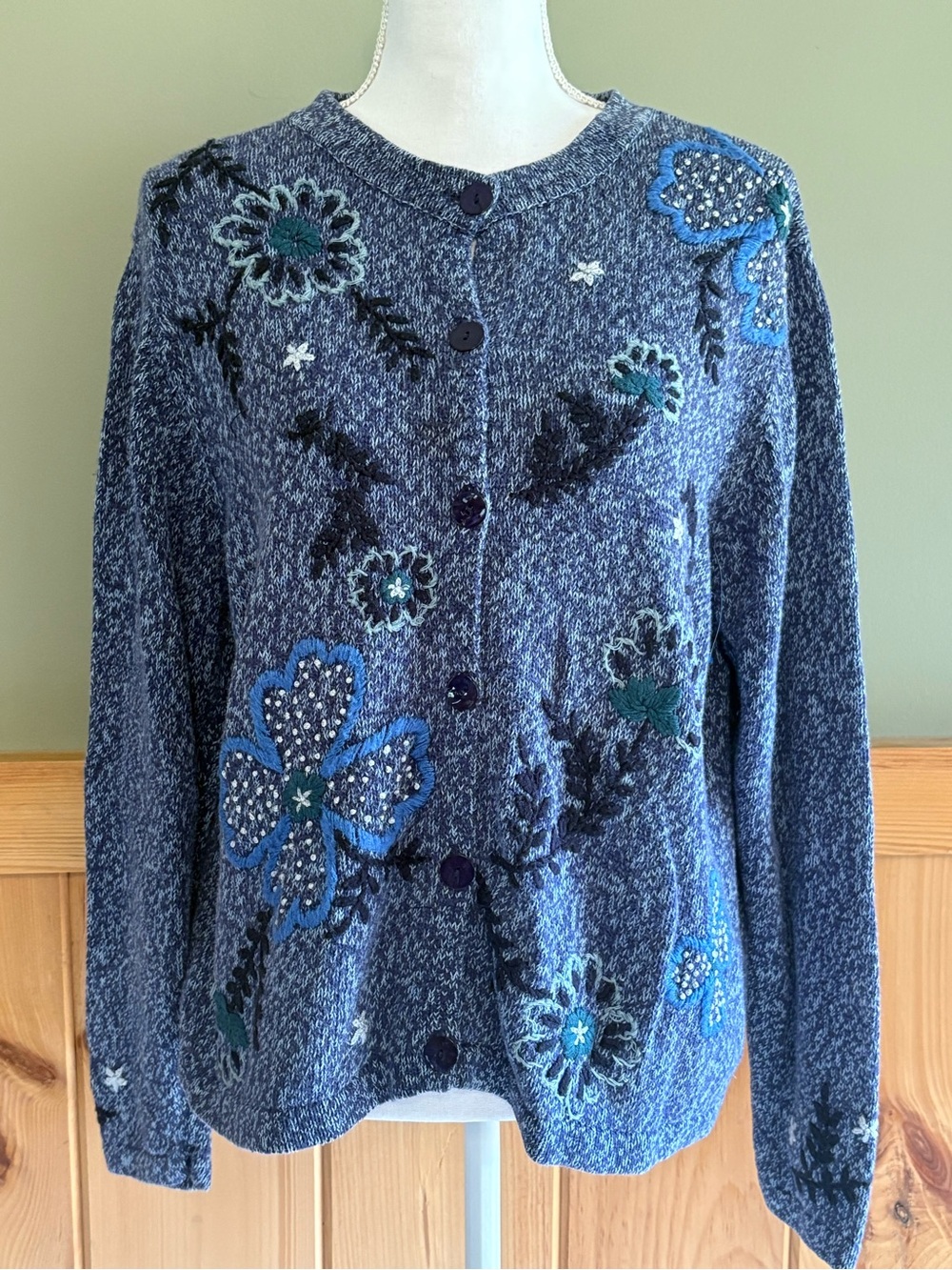All Points XL Blue Floral Embroidered Cardigan Ramie Cotton Artsy Boho